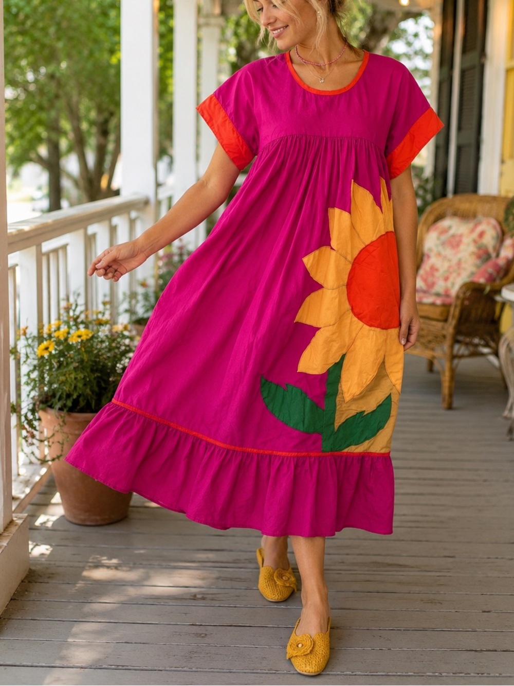 🌻 Vintage | Circa 1978–1983 | Sea Wind | Appliqué Sunflower | Cotton Dress | M